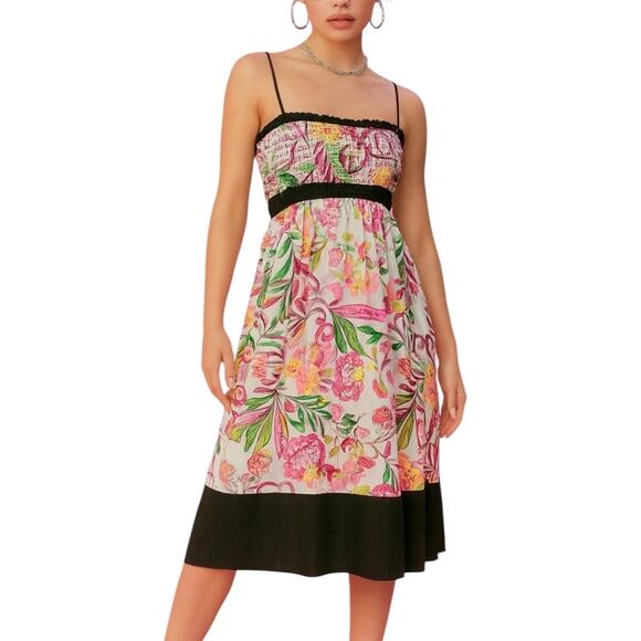 M VTG 90s RAVE Smocked Tube Top Paisley Flower Colorblock Sun Dress - Picture 1 of 8
